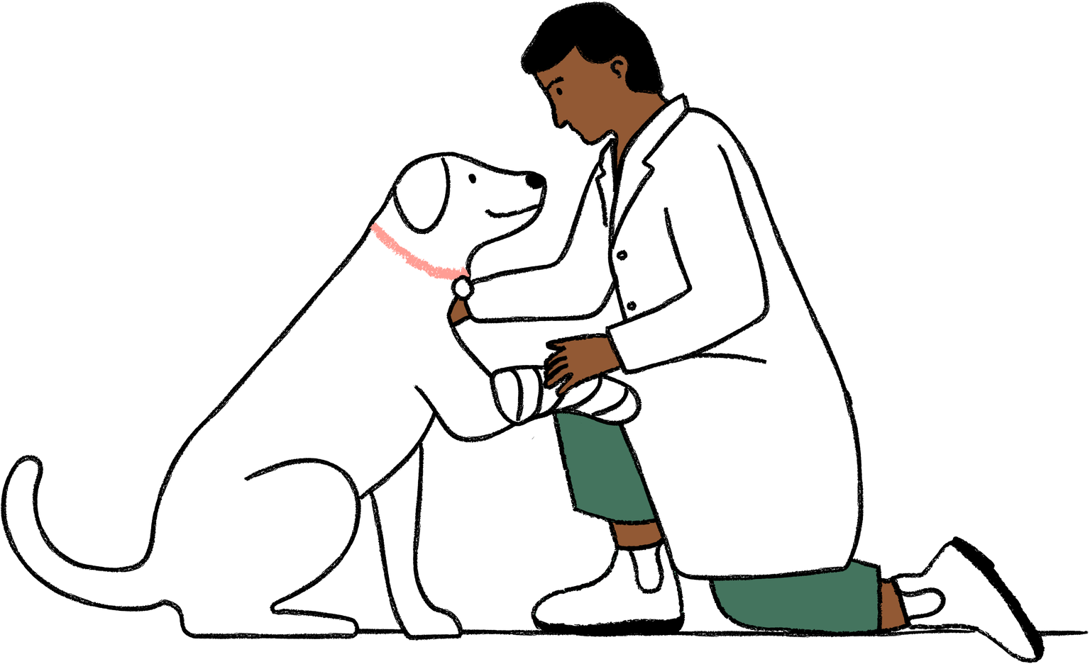 Illustration of a veterinarian kneeling and examining a happy white dog, wearing a pink collar, in a caring interaction.