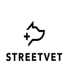 Logo of StreetVet featuring a stylized dog head with a medical cross, above the text "STREETVET" in bold black letters.