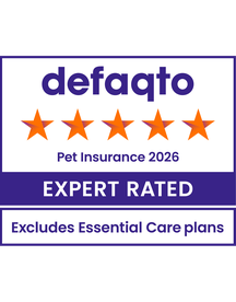 Defaqto 5-star rating for Pet Insurance 2026, marked as "Expert Rated." Excludes Essential Care plans.