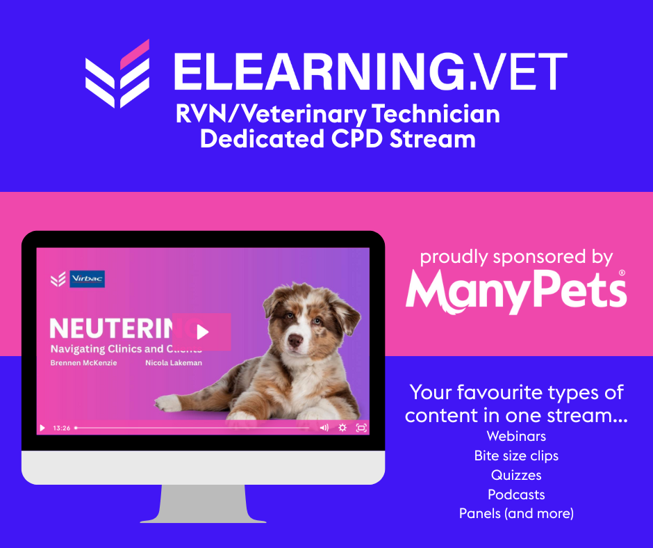 A computer screen shows a veterinary e-learning course with a puppy image.