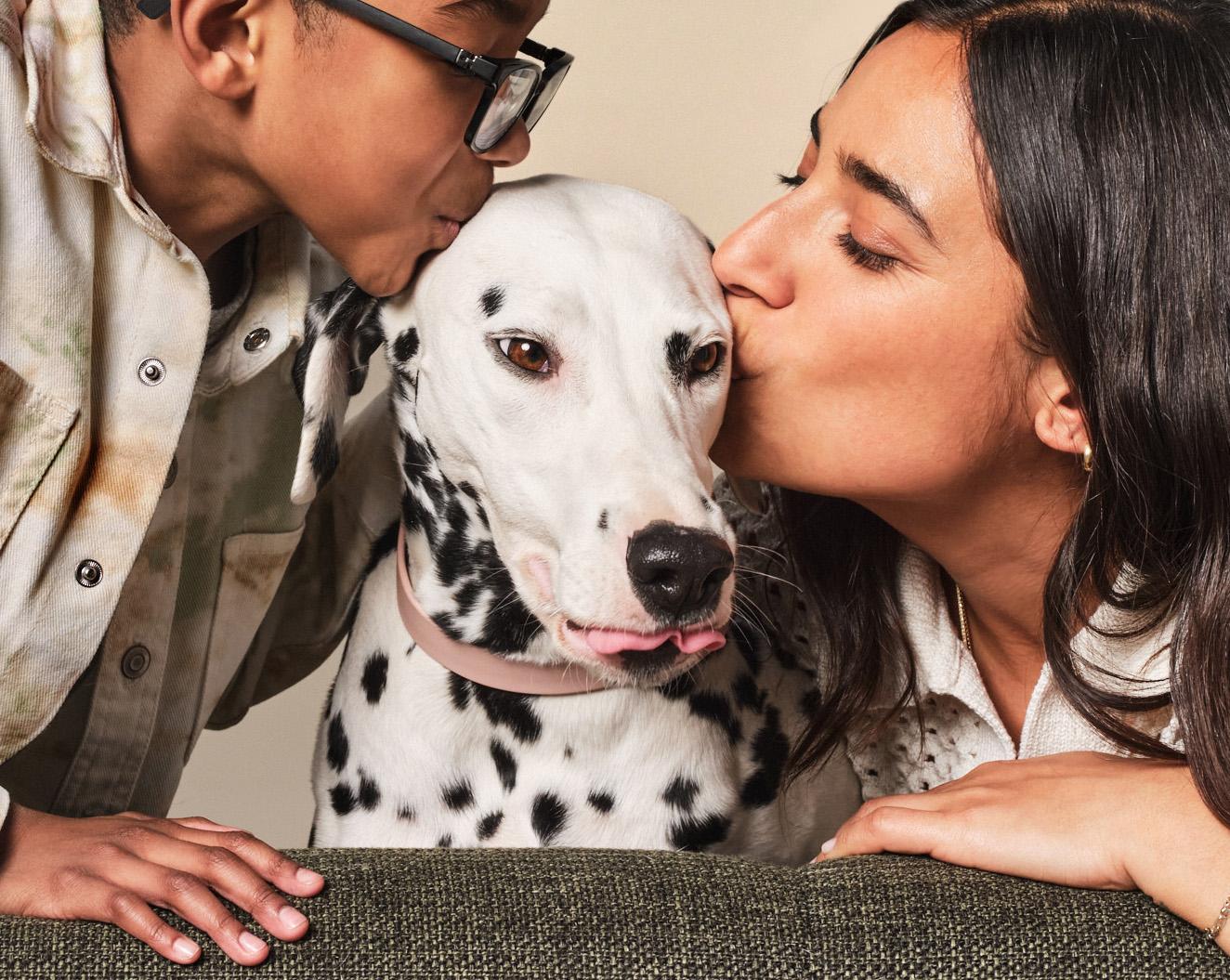 Child and woman kissing Dalmatian