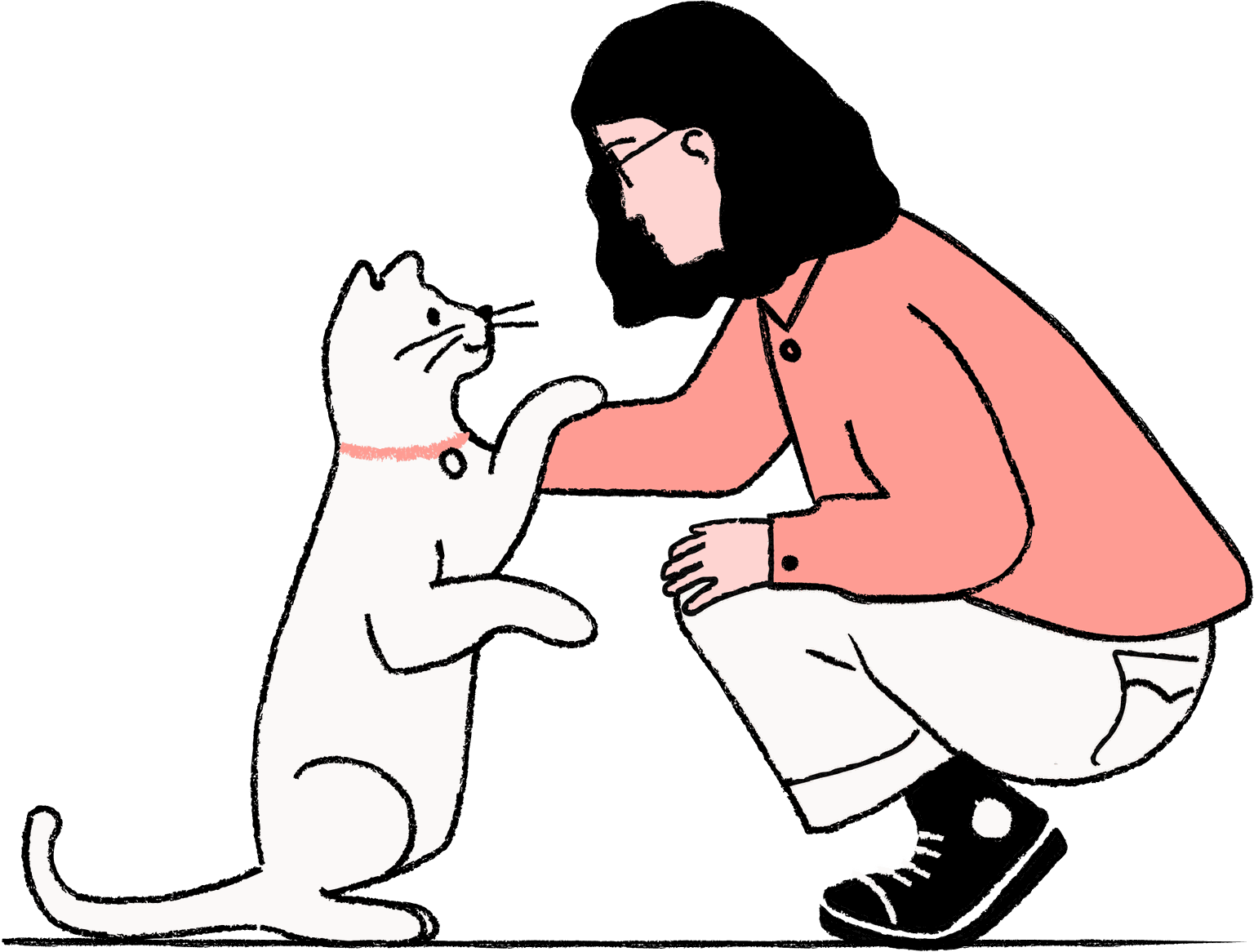 A cat with its arm on a woman, they are looking at each other