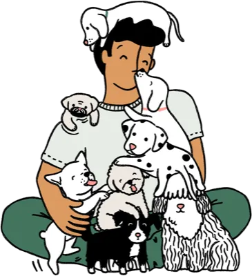 Person surrounded by many happy puppies